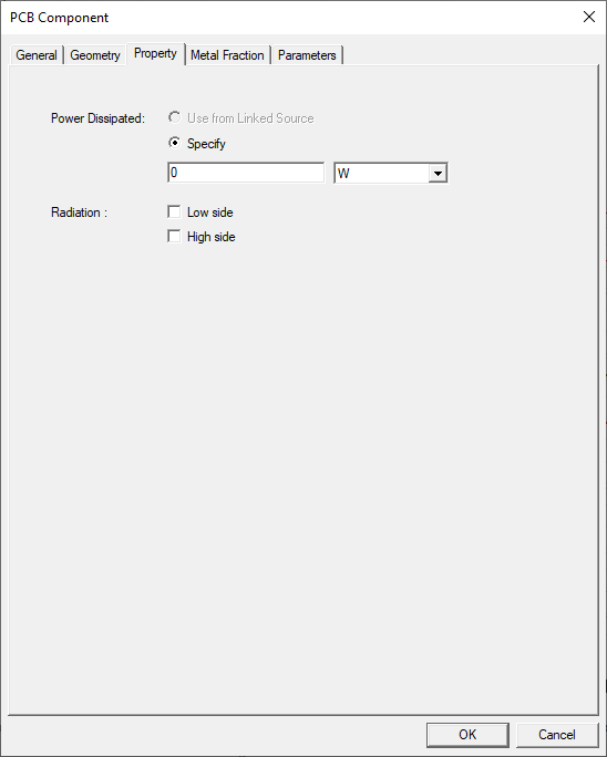 Icepak PCB component dialog box Property tab.