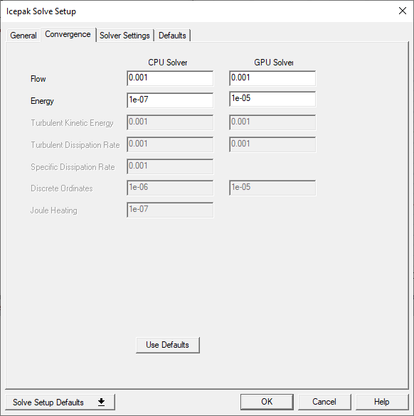 Icepak Solve Setup dialog box Convergence tab.