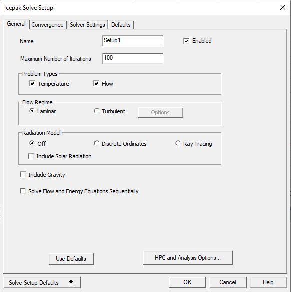 Icepak Solve Setup dialog box General tab.