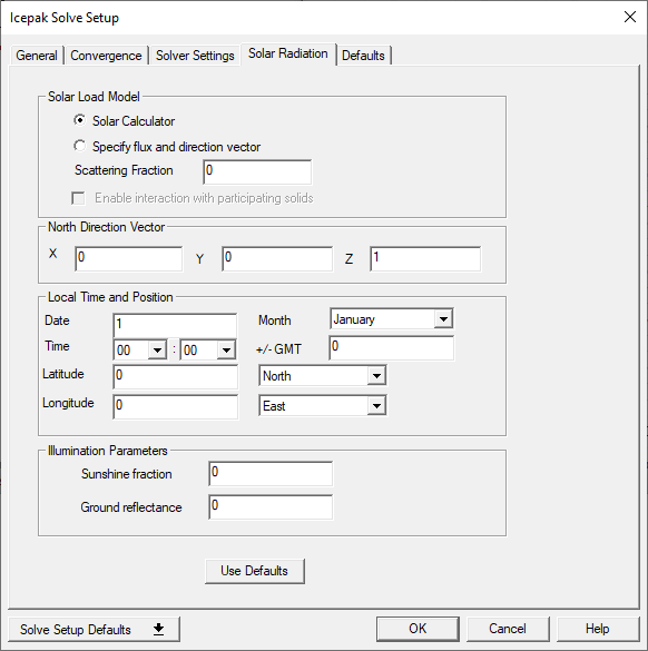 Icepak Solve Setup dialog box Solar Radiation tab.