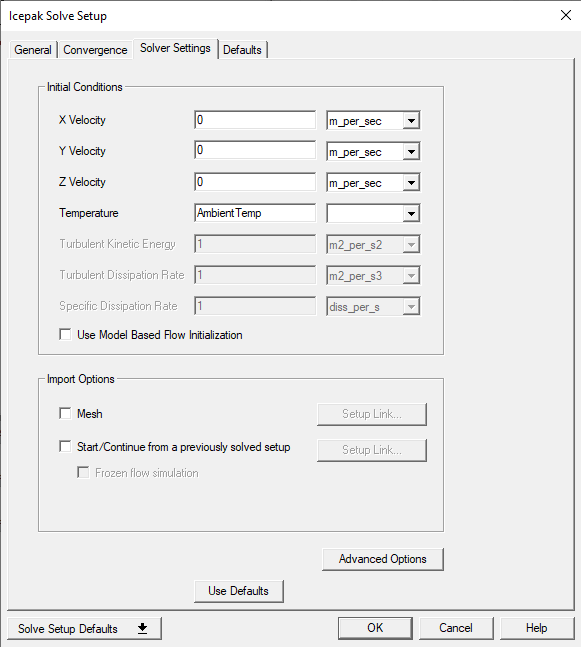 Icepak Solve Setup dialog box Solver Settings tab.