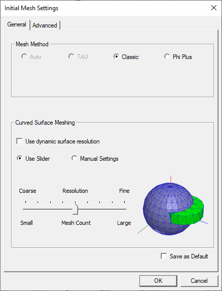 Initial Mesh Settings dialog. General tab.