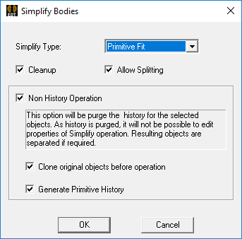 Simplify Bodies dialog. Non-History Operation option enabled.