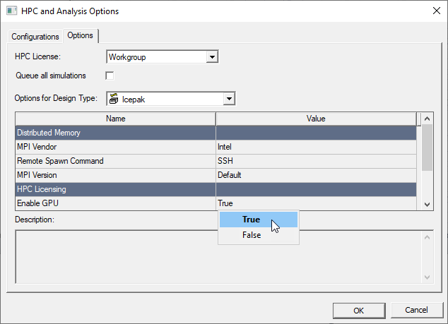 HPC and Analysis dialog. Options tab, Enable GPU set to True.
