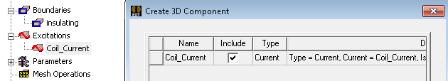 Create a 3D Component dialog. Excitations tab. Include option checked.