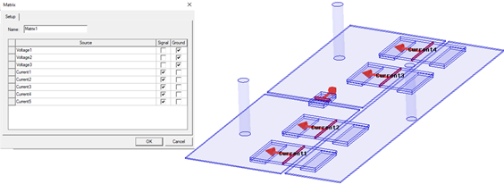 Example of matrix setup for a design with multiple excitations