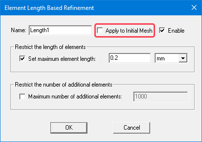 Element Length Based Refinement dialog box with Apply to Initial Mesh unchecked