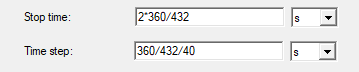 Transient dialog box with the Stop Time set to 2 times 360 divided by 432 seconds and the time step set to 360 divided by 432 divided by 40 seconds