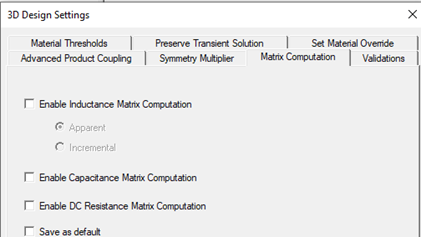 3D Design Settings window with the Matrix Computation tab selected