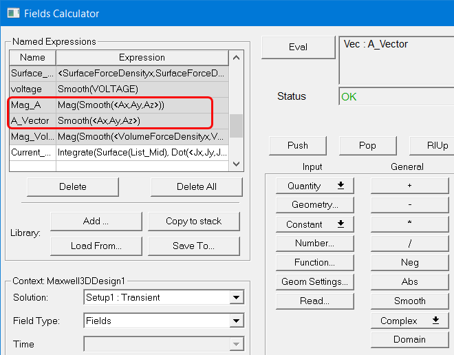 Field calculator with the magnetic vector potential selected