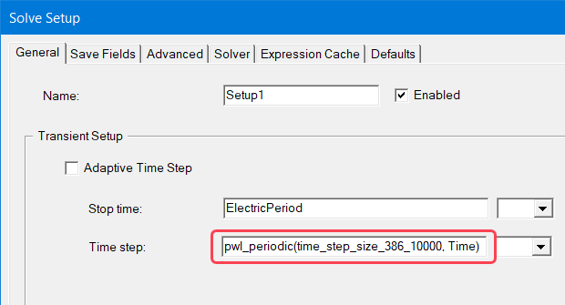 Solve Setup window with pwl periodic used in Time step