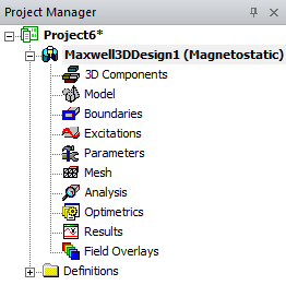Project Manager window showing a Maxwekk 3D Design project tree.