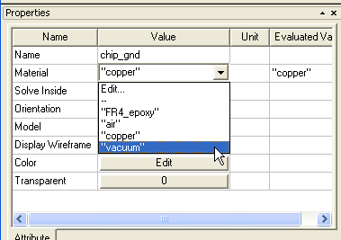 Properties Window. Material value drop down menu open.
