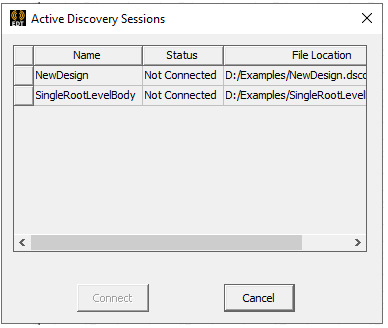 Active Discovery Sessions dialog box. Name, Status, and File Location listed