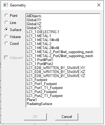 Geometry dialog listing Surface layout components.