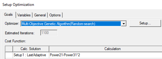 Setup Optimization window. Goals tab open, Optimizer Multi-Objective Genetic Algorithm (Random search) selected.