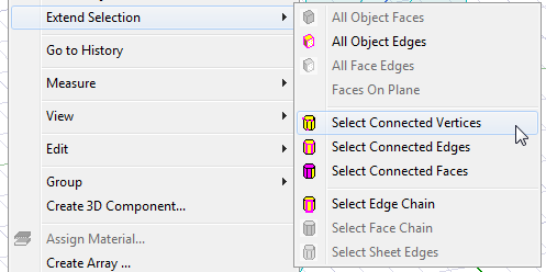 Extend Selection submenu, Select Connected Vertices option highlighted.