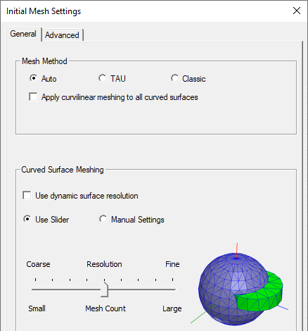 Initial Mesh Settings dialog, General tab.