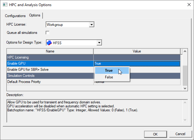 HPC and Analysis dialog. Options tab, Enable GPU set to True.