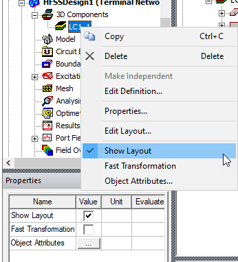 Component shortcut menu. Show Layout option highlighted.