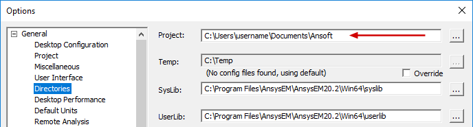 specification of the default project folder location in the Options dialog box