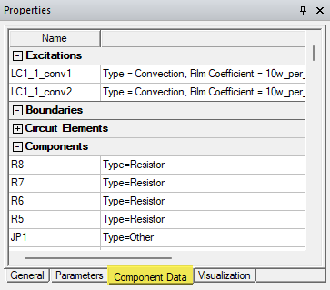 component data tab of the docked properties window when a layout component is selected