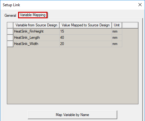 contents of the Variable Mapping tab of the Setup Link dialog box when applicable design variables are present