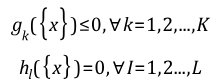 Piecewise functions, g sub k dependent on a set of x when less than or equal to zero. For all k equal 1 to K. h sub l dependent on a set of x when equal to zero. For all l equal 1 to L.