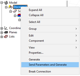 Discovery Link right-click menu expanded. Send Parameters and Generate option highlighted.