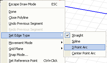 Shortcut menu, Set Edge Type option expanded, 3 Point Arc option highlighted.