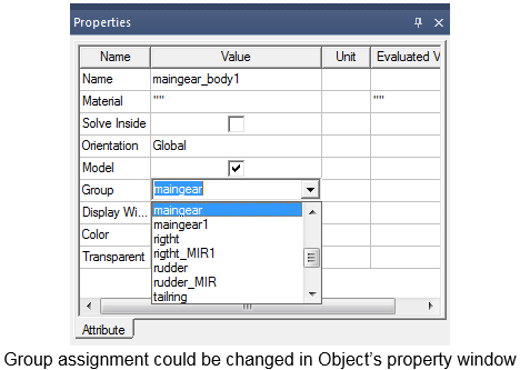 Properties dialog. Group drop-down menu.