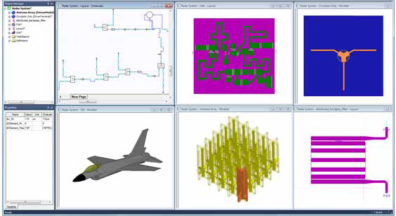 AEDT application window with 6 windows open showing various models in schematic, layout, or mechanical views. 