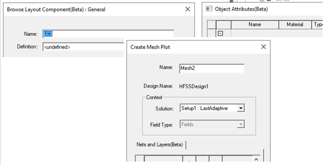 Browse Layout Component dialog, Object Attributes dialog, and Nets and Layers selection sub-dialog