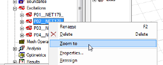 Zoom to command in the shortcut menu for boundaries and excitations