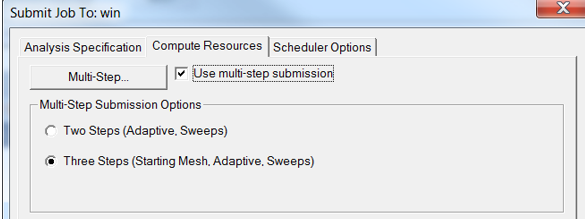 Sumbit Job To window. Compute Resources tab open, Use multi-step submission enabled.