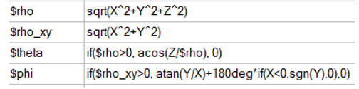 Computer definitions of ro, theta, and phi in terms of X, Y, and Z. 