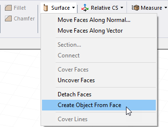 Surface drop down menu. Create Object from Face option highlighted.