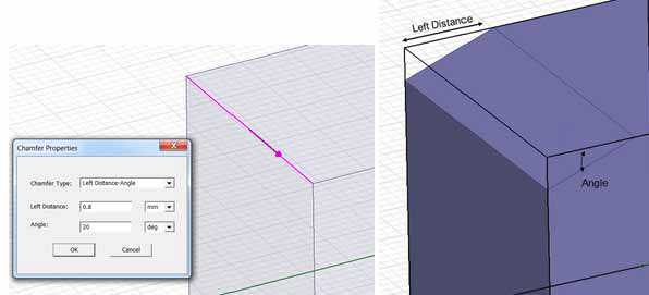 Model of 3D object with specified left distance angle chamfer.