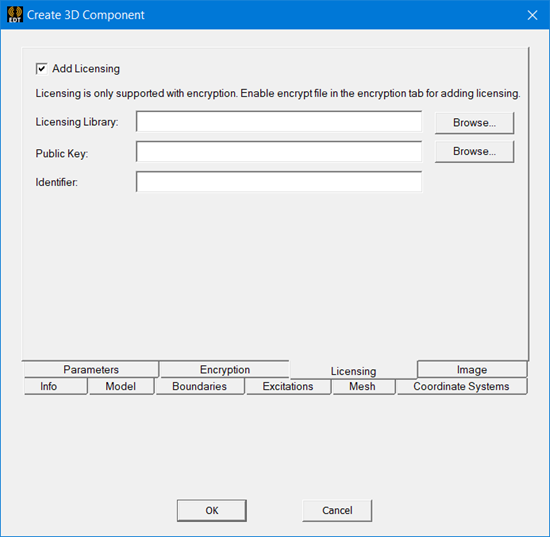 Create 3D Component dialog. Licensing tab.