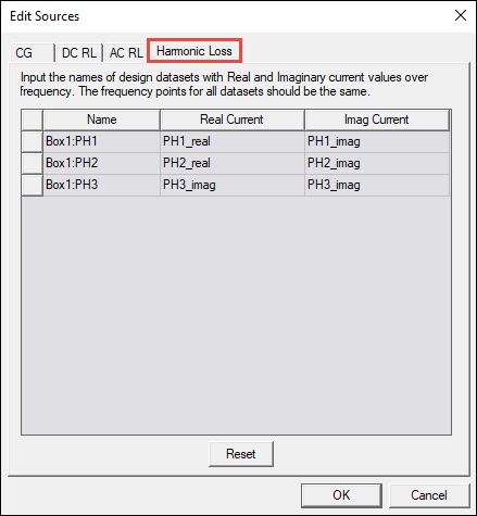 Edit Sources Window on Harmonic Loss Tab Edit Sources Window on Harmonic Loss Tab