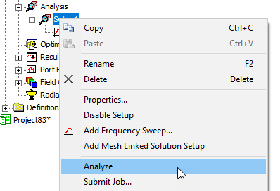 Right-click Setup menu, Analyze option highlighted.