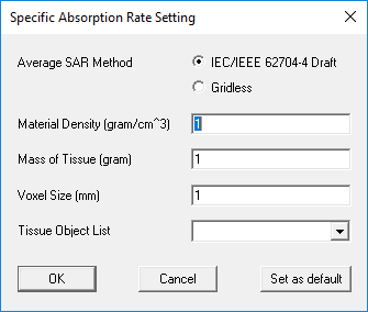 Specific Absorption Rate Setting dialog.