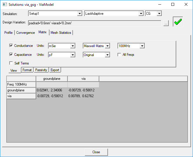 Solutions Window - Matrix Tab
