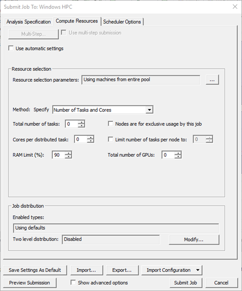Submit Job To dialog box, Compute Resources tab.