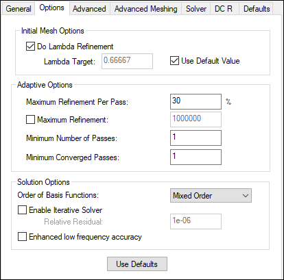 HFSS Advanced Settings - Options