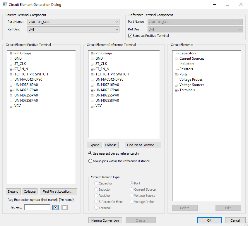 Circuit Element Generation window window