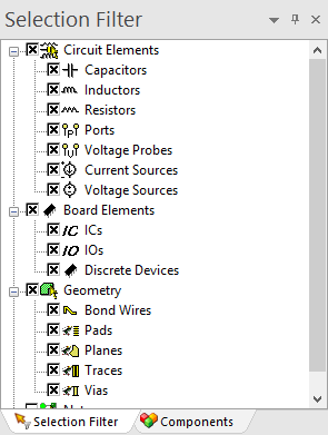 Components Workspace - Selection Filter Tab