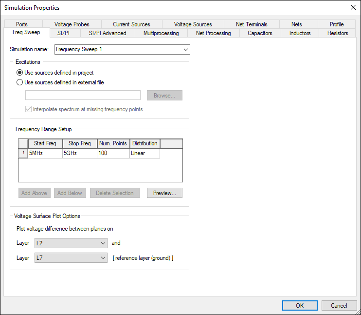 Simulation Properties - Freq Sweep