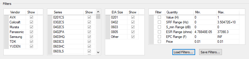 Inductor Library Browser Tab Filters and Ranges
