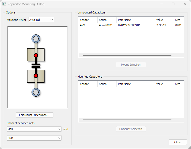 Capacitor Mounting Dialog Window